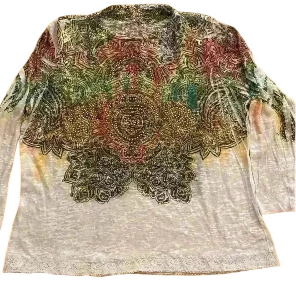 Reba Womens Long Sleeve Fitted Sheer Stretchy Art Decorative Top size M-L